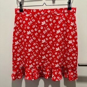 J Crew red floral skirt with ruffle hem